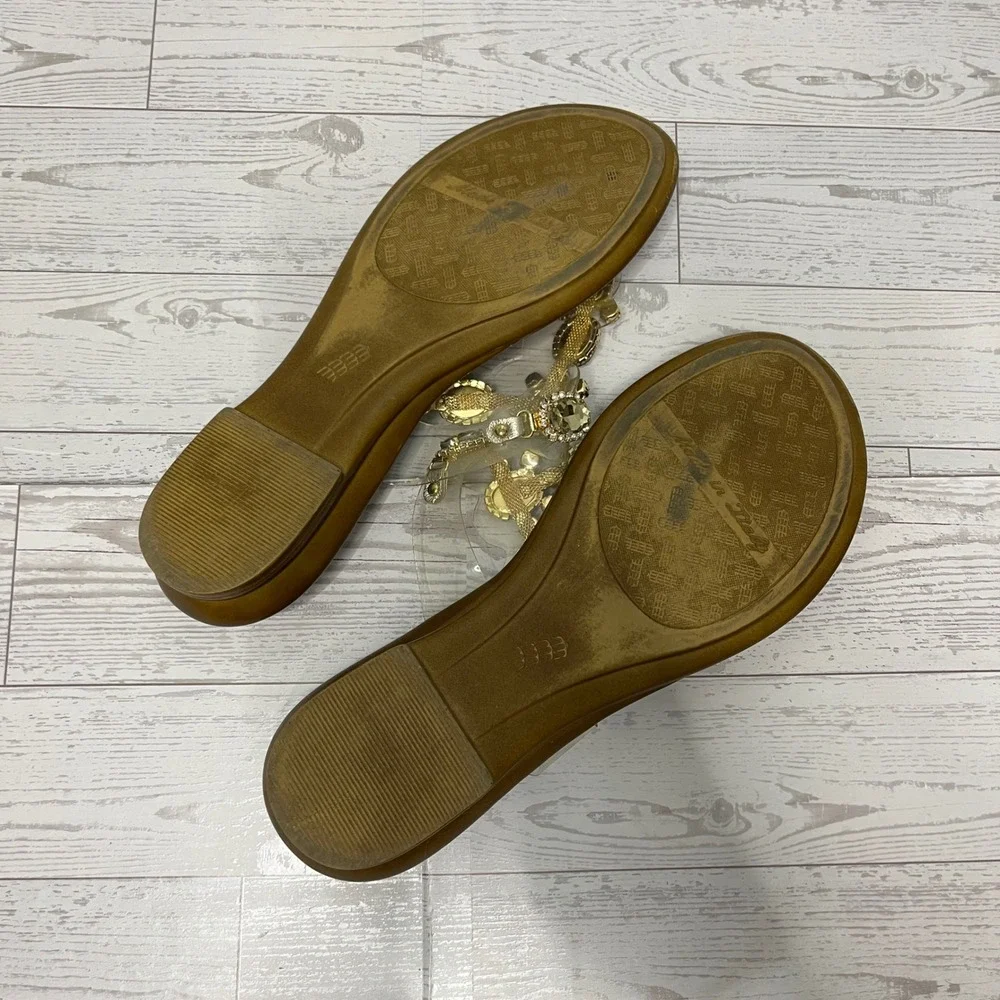 Toscanella Womens Brown Crystal Embellished Clear T-Strap Flat Sandals Size 8